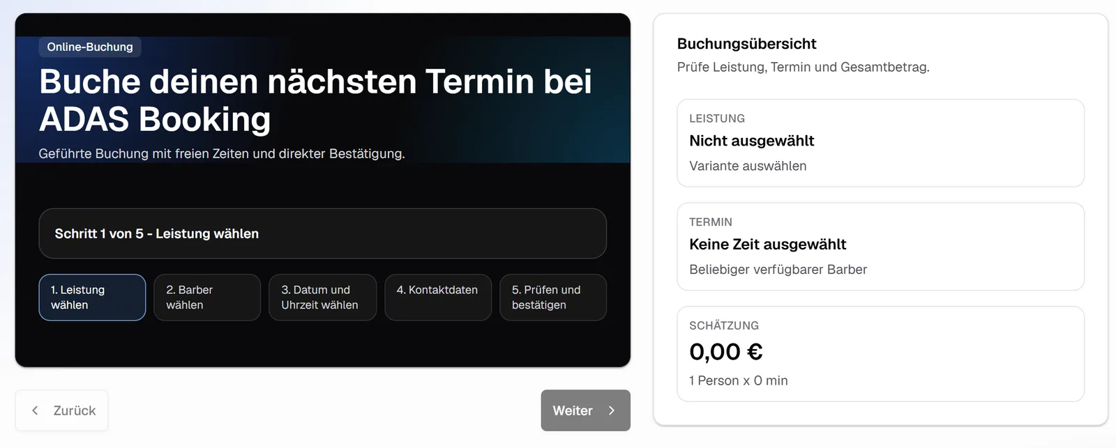 Geführte Buchungsstrecke der ADAS-Engine mit 5-Schritt-Ablauf und Terminübersicht